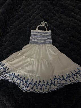 Polo by Ralph Lauren White Halter Dress with Blue Embroidery
